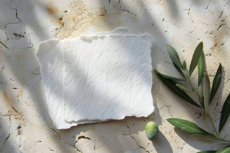 Summer wedding stationery mock up scene. Blank cotton paper greeting cards, invitations with olive leaves. Elegant marble background in sunlight, shadows overlay. Flat lay, top view. generative AI.の素材