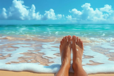 Vacation holidays. Woman feet closeup of girl relaxing on beach on sunbed enjoying sun on sunny summer day. generative AI.の素材