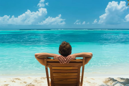 Man relaxing on beach, ocean view, Maldives island. generative AI.の素材