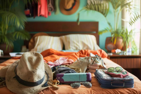 Woman bedroom full of things ready to be taken on summer holiday. generative AI.の素材