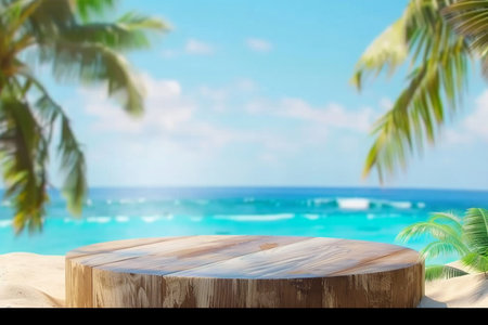 Summer product display on wooden podium at sea tropical beach. generative AI.の素材