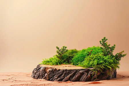 Abstract podium for organic cosmetic products. Natural style. bark tree podium with green moss on pastel background. Still life for the presentation of cosmetic products. Copy spaceの素材