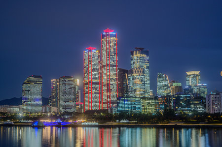 Cityscape night view of Yeouido, Seoul, south korea at sunset time