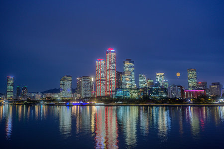 Cityscape night view of Yeouido, Seoul, south korea at sunset time