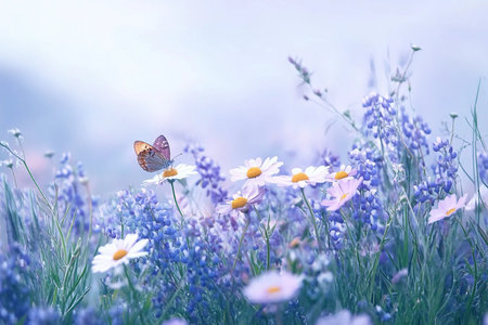 Beautiful wild flowers chamomile, purple wild peas, butterfly in morning haze in nature close-up macro. Landscape wide format, copy space, cool blue tones. Delightful pastoral airy artistic image.の素材