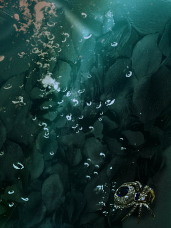 Jewelry on the petals of a black rose in waterの写真素材