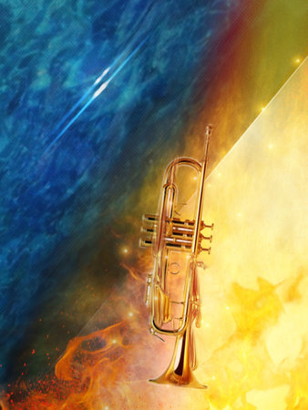 Trumpet on abstract background with space for your text or image.の写真素材
