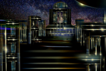 abstract future city background with stars and nebula. 3d render. The night libertyの写真素材