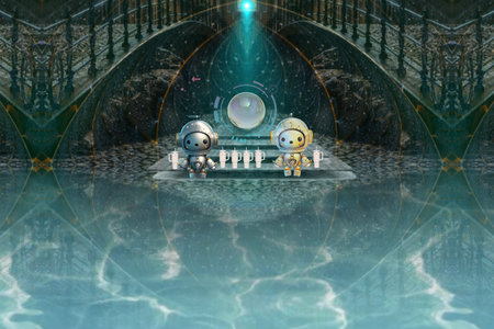 3D CG rendering of alien space ship and astronaut. 3D CG rendering. Futuristic tarot card 6 cups