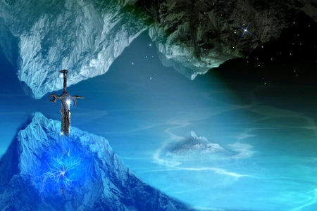 Fantasy landscape with a knight in the cave. 3D renderingの写真素材