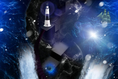 Lighthouse in space, 3d rendering. computer digital drawing.の写真素材