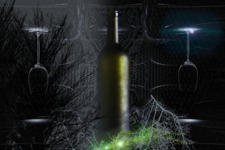 Wine bottle and glass on a dark background. 3d rendering. The abstraction "coniferous dinner"の写真素材