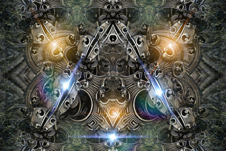 Abstract 3D illustration of a gear wheel with rays of light.