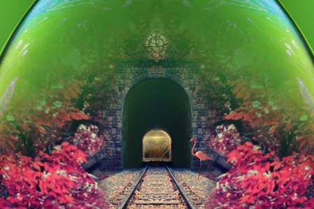 Fantasy illustration of a train passing through a tunnel with a flamingoの写真素材