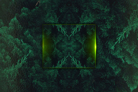 Dark green forest with a frame for text. 3D rendering.の写真素材