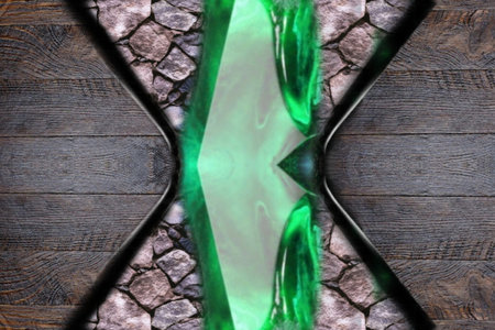 Green lightning bolt on old wooden background with copy space. Power energy concept.