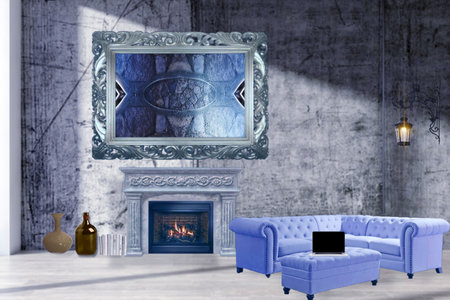 interior with blue sofa and fireplace, 3d render, illustration