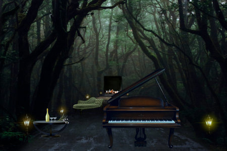 Piano in the dark forest at night. 3D rendering.の写真素材