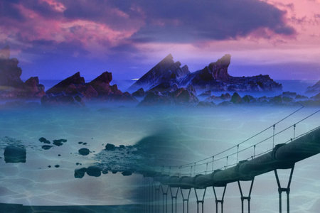 Fantasy landscape with a bridge in the sea. 3d renderの写真素材