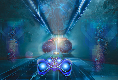 3d rendering of abstract technology concept with virtual reality in futuristic background