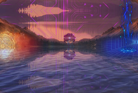 Futuristic landscape with a tree in the middle of the lakeの写真素材