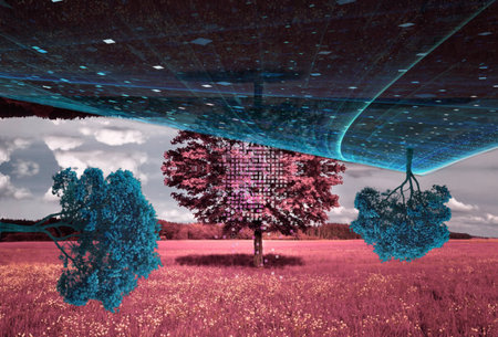 Digital composite of 3D tree with lights against field and blue skyの写真素材