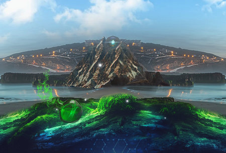 Fantasy alien planet. Mountain and sea. 3D rendering.の写真素材