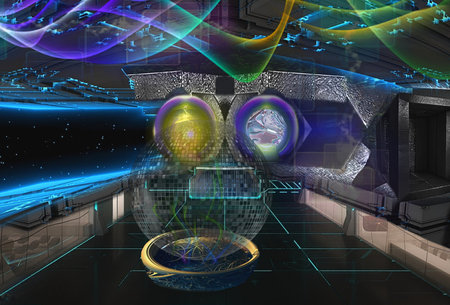 3D rendering of a futuristic room with a crystal ball in front of it