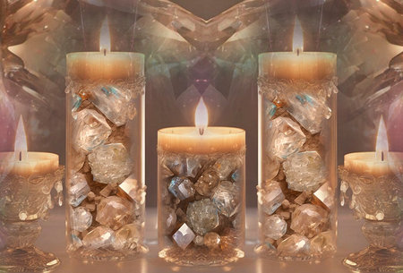 Burning candles with crystals and crystals in the church. Selective focus.の写真素材