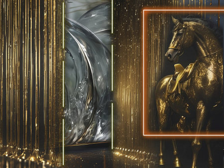 3d illustration of a golden equestrian statue and golden frame
