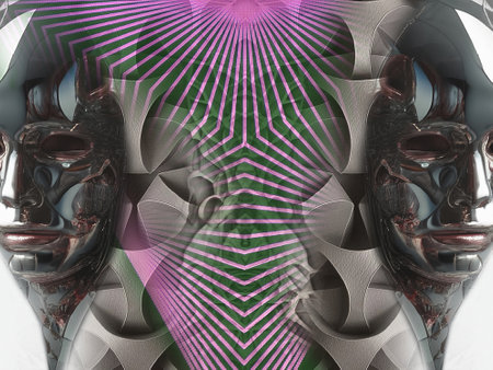 Fractal 3d illustration of a man and woman combined with a geometric patternの写真素材