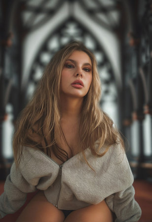 Beautiful blonde girl in a gray sweater sits on a chair in the interior of the church