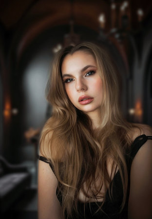 Portrait of a beautiful girl with long hair in a black dress