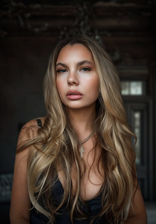 Portrait of a beautiful girl with long hair in a black dress