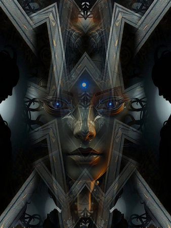 3D rendering of a fantasy alien woman face in a wooden frame