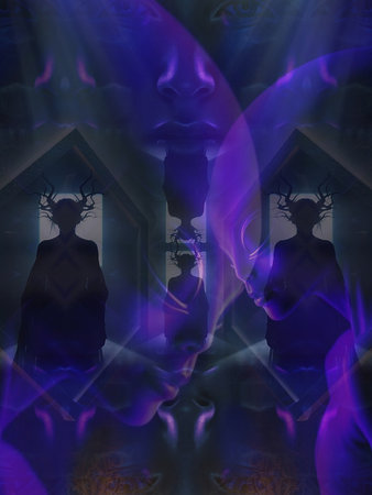 Mystical image of a couple of men and woman in the darkness