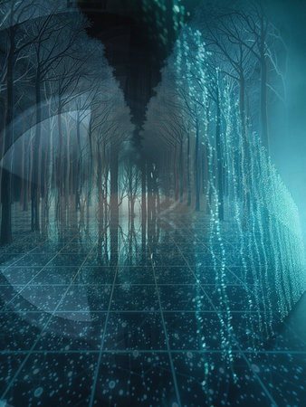 Futuristic landscape with trees and lights in a foggy forest