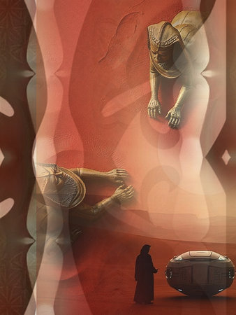 Digital illustration of an ancient Egyptian mummy in the shadow of a sarcophagusの写真素材
