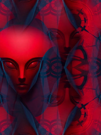 Digital Illustration of a Alien Head in Red and Blue Curtain