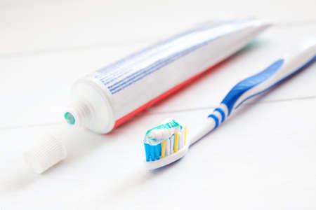 teeth brush and paste tube dental hygieneの写真素材