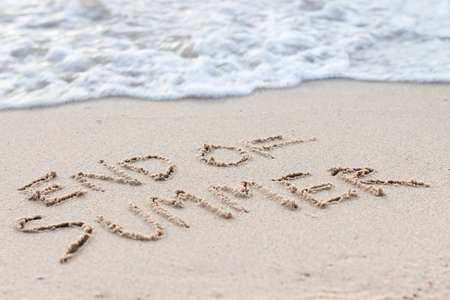 text end of summer on beachの写真素材