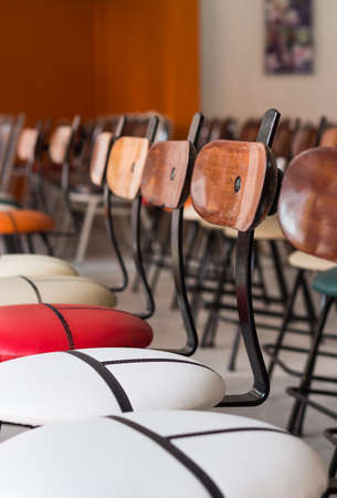 row of wood chair furnitureの写真素材