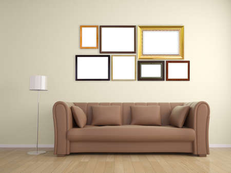 picture frame on wall and sofa furniture interior designの写真素材