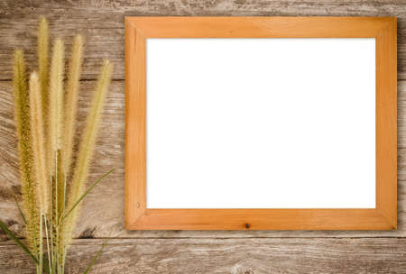 picture frame on wood wall and grassの写真素材
