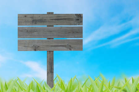 wood sign on green grass and blue sky backgroundの写真素材
