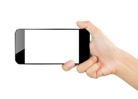 closeup hand hold smartphone mobile isolated on white clipping path insideの写真素材
