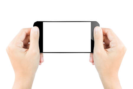 closeup hand hold smartphone show screen display isolated white clipping path insideの写真素材