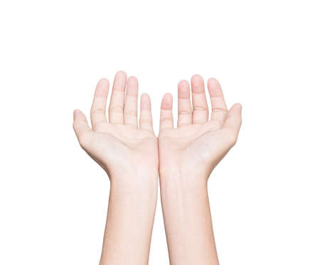 closeup hand receive white isolated の写真素材