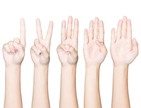 closeup hand gesture count one to five isolated white clipping path insideの写真素材