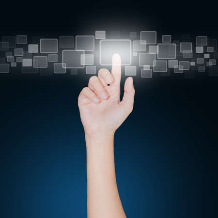 close up hand click on button furture technology conceptの写真素材
